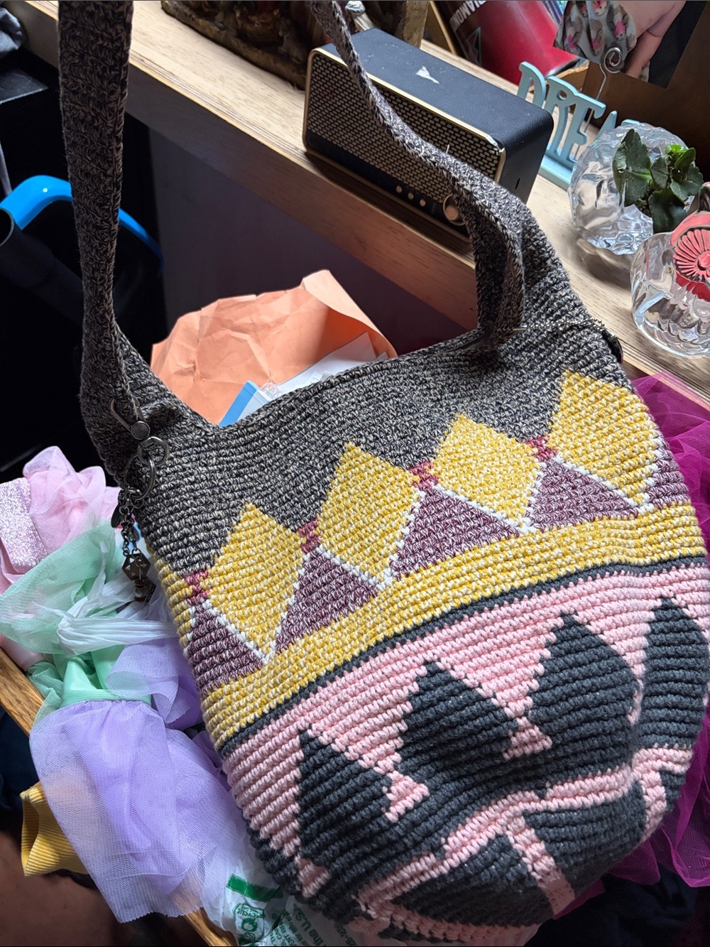 The Sak Handwoven Gray and Pink Geometric Shoulder Bag